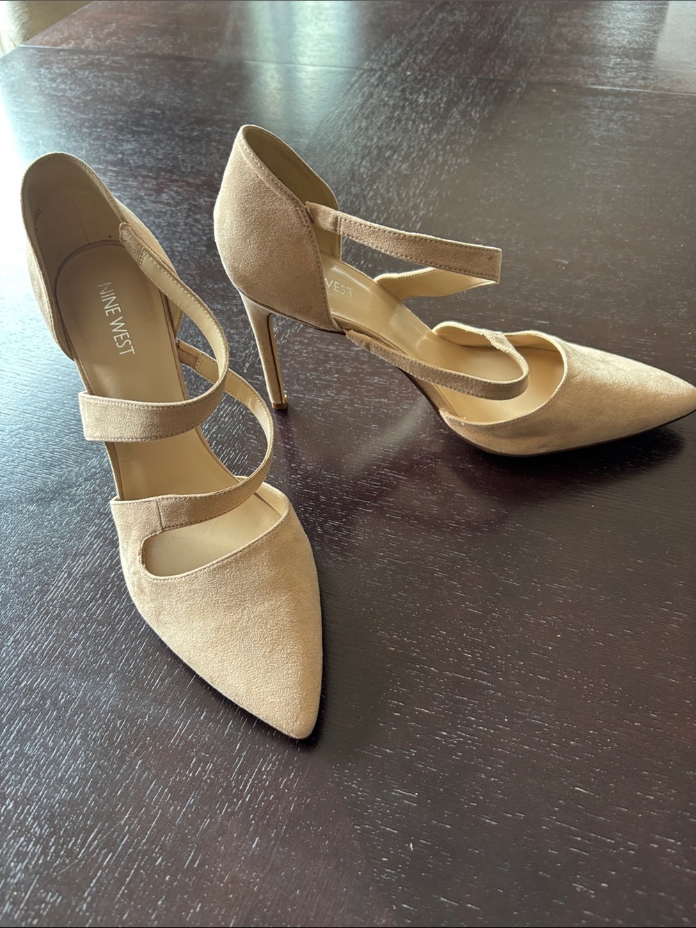 Nine West Beige Suede Pointed-Toe Strappy Heels